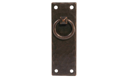 Vintage-style Hardware · Solid Brass Hammered Vertical Ring Drop Pull. Designed in the Mission or Arts & Crafts style, Gustav Stickley style hardware. Rustic hammered drop pull. Antique copper finish. Four round-head slotted screws. Thick solid brass drop pull plate. 4" high x 1-3/8" wide plate. Reproduction hardware.