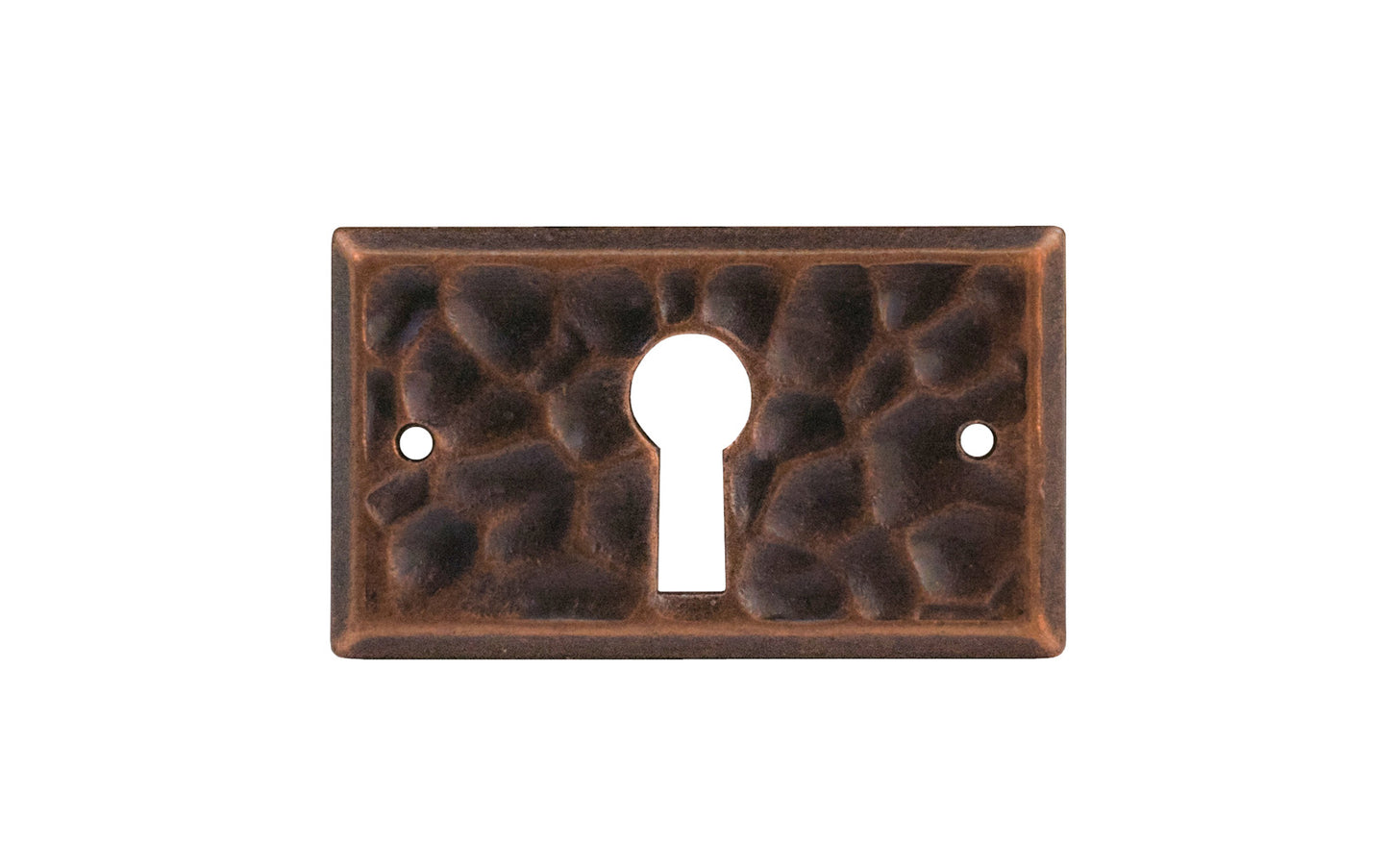 Vintage-style Hardware · Solid Brass Hammered Rectangle Keyhole. Designed in the Mission or Arts & Crafts style, Gustav Stickley style hardware. Rustic hammered keyhole in an Antique copper finish. Thick keyhole plate. 1" high x 1-5/8" wide plate. Reproduction hardware.