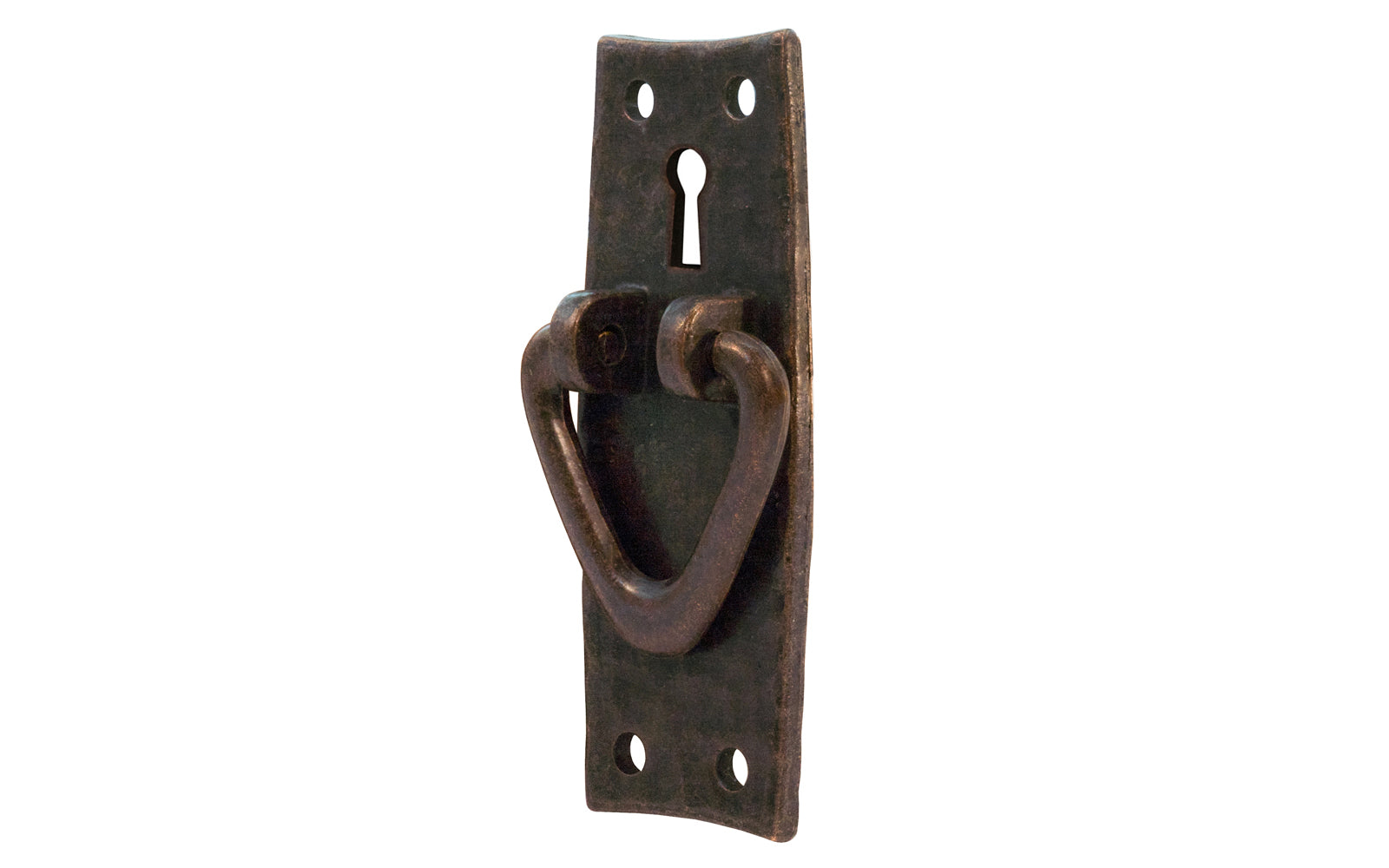 Vintage-style Hardware · Solid Brass Hammered Keyhole & Drop Pull. Designed in the Mission or Arts & Crafts style, Gustav Stickley style hardware. Rustic hammered drop pull. Antique copper finish. Includes round-head slotted screws. Thick solid brass drop pull plate. 4" high x 1-1/2" wide plate. Reproduction hardware.