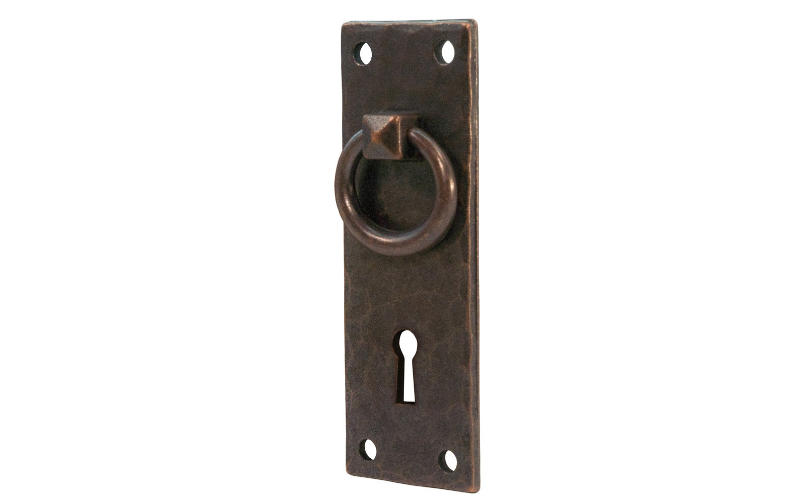 Vintage-style Hardware · Solid Brass Hammered Ring Drop Pull with keyhole. Designed in the Mission or Arts & Crafts style, Gustav Stickley style hardware. Rustic hammered drop pull. Antique copper finish. Round-head slotted screws. Thick solid brass drop pull plate. 4" high x 1-3/8" wide plate. Reproduction hardware.
