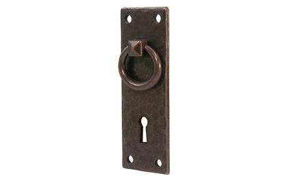 Vintage-style Hardware · Solid Brass Hammered Ring Drop Pull with keyhole. Designed in the Mission or Arts & Crafts style, Gustav Stickley style hardware. Rustic hammered drop pull. Antique copper finish. Round-head slotted screws. Thick solid brass drop pull plate. 4" high x 1-3/8" wide plate. Reproduction hardware.