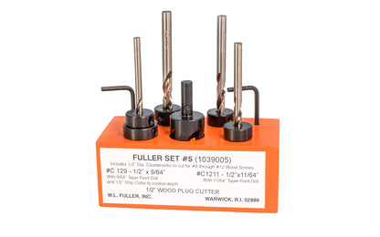 WL Fuller Combination Countersink & tapered bit together ~ 10390005 - No. 5 Set Countersinks with Taper Point Drills mounted in wood holder, with matching Stop Collar & Plug Cutter. C129 for #6 screws, C1211 for #8 screws, C102 for #10 screws, C12 for #12 screws. Includes a 1/2" ID stop collar & 1/2" plug cutter.