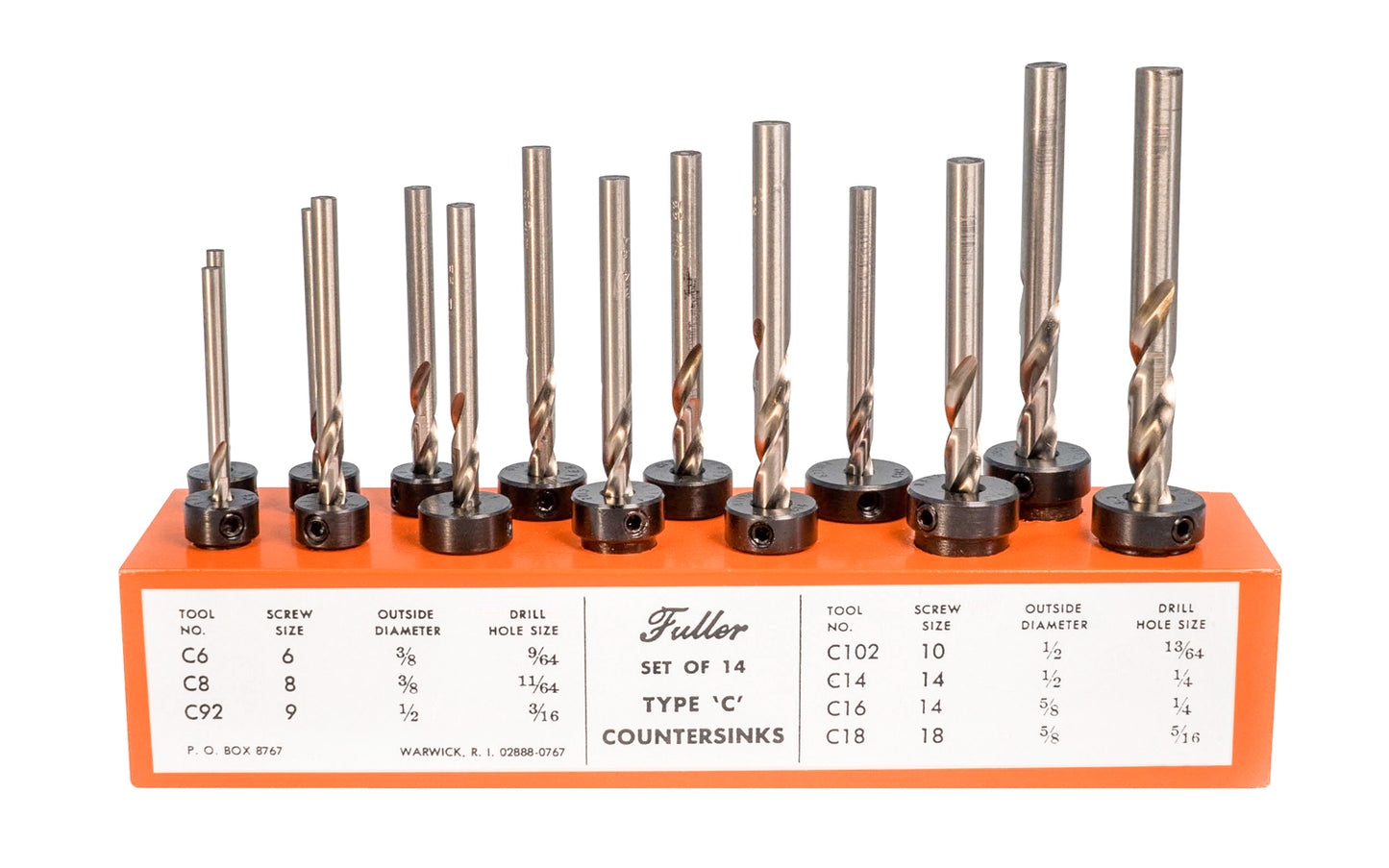 WL Fuller Countersink & taper bit 14-piece set ~ 10390014T ~ C5 for #5 screw, C6 for #6 screw, C7 for #7 screw, C8 for #8 screw, C9 for #9 screw, C92 for #9 screw, C143 for #9 screw, C10 for #10 screw, C102 for #10 screw, C12 for #12 screw, C14 for #14 screw, C16 for #14 screw, C169 for #16 screw, C18 for #18 screw