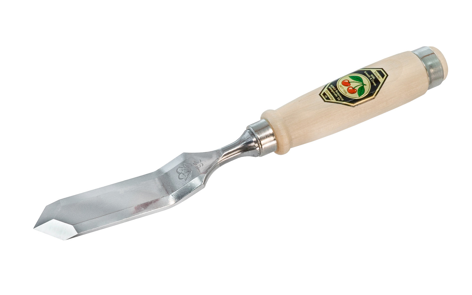 Model 1059-26MM - Double-Sided Cranked & Skew Bevel Edge Chisel made by Two Cherries in Germany. Great for cleaning out tight inside corners, protruding dovetails, stopped dados, tenons, dowels & other applications. 26 mm wide blades - Bevelled edges. Quality high carbon steel - Tempered to Rc61 Rockwell. Offset Chisel