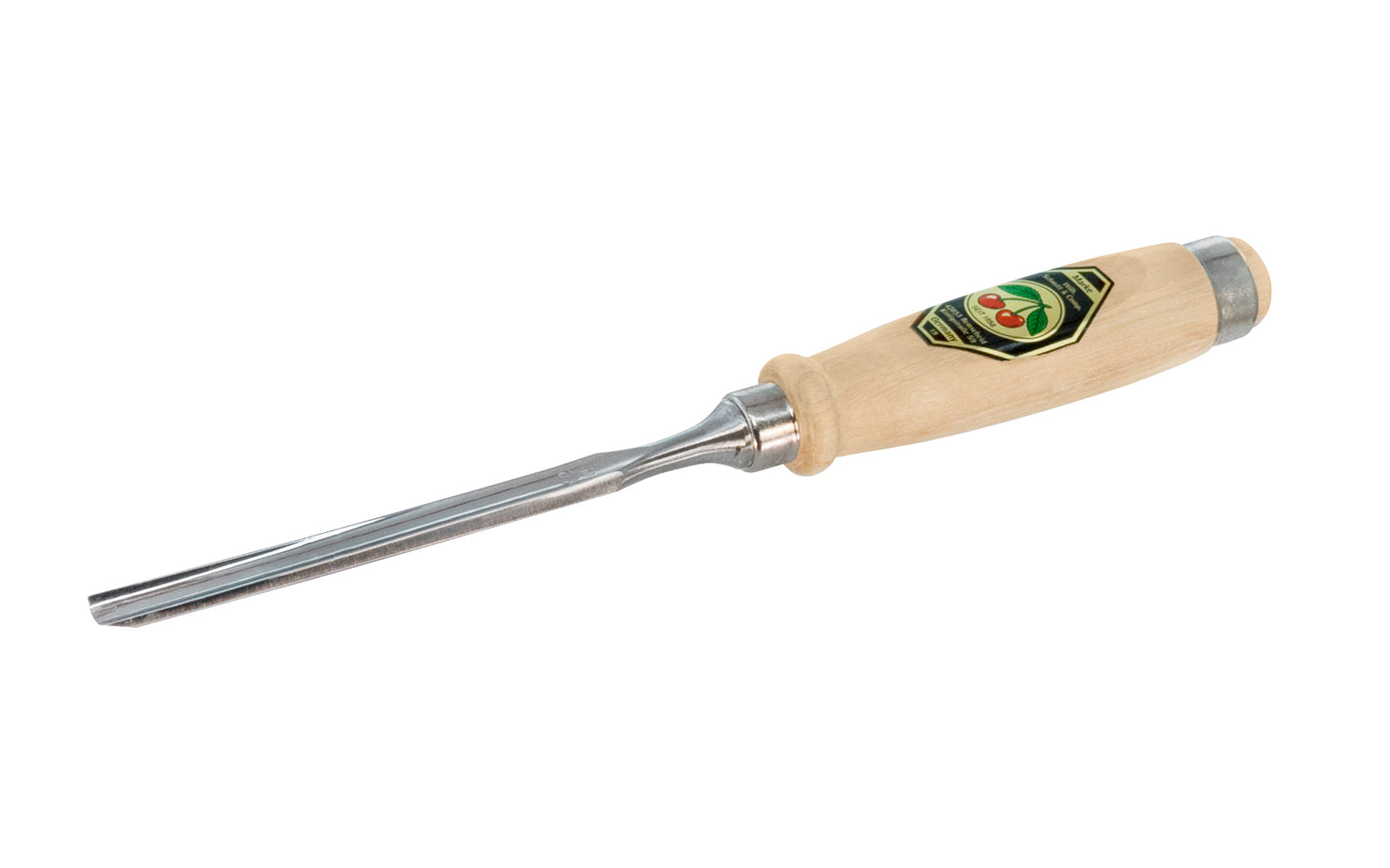 Model 1431-10MM. A 10 mm Firmer Gouge made by Two Cherries in Germany. It has an curve in the length of the blade with the cutting bevel on the outside, known as an out-cannel gouge, for use in working concave hollows. Two Cherries Series 1431. Steel Ferrule. High carbon steel, Tempered to Rc61 Rockwell. Made in Germany