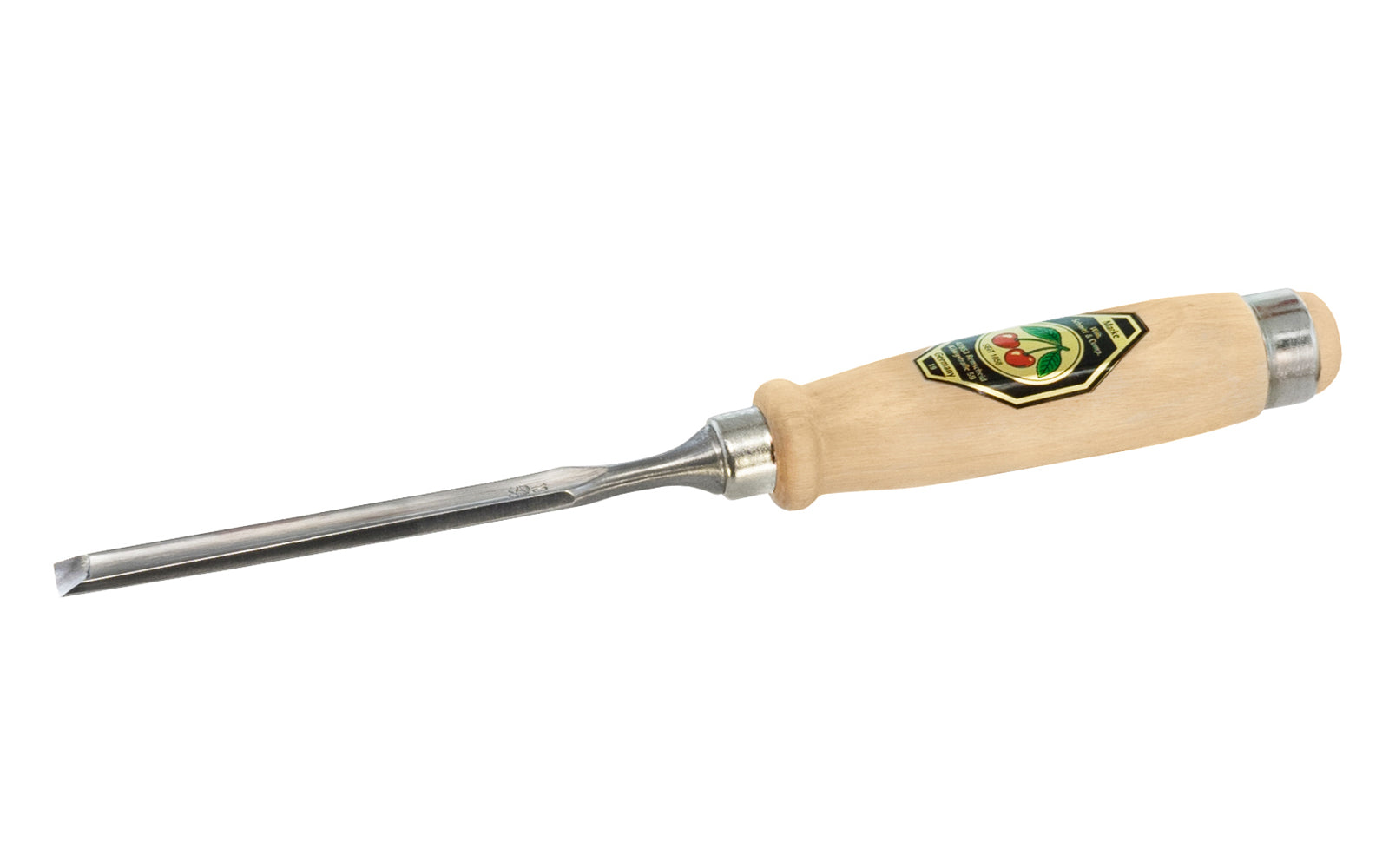 Model 1481-10MM. A 10 mm Incannel Gouge made by Two Cherries in Germany. It has an curve in the length of blade with the cutting bevel on the outside, known as an in-cannel gouge. Two Cherries Series 1481. Steel Ferrule. High carbon steel, Tempered to Rc61 Rockwell. Made in Germany. Inside cutting bevel. 4016649148603