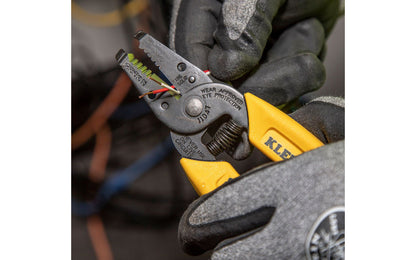 The Klein Tools Wire Stripper/Cutter is a compact & lightweight tool for your stripping & cutting needs. Made from hardened steel for strength, it cuts, strips, loops & bends 22-30 AWG solid wire. The narrow nose reaches into confined spaces. Wire looping & bending holes. Model 11047. 092644740473