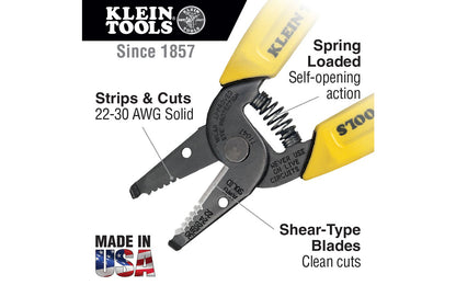 The Klein Tools Wire Stripper/Cutter is a compact & lightweight tool for your stripping & cutting needs. Made from hardened steel for strength, it cuts, strips, loops & bends 22-30 AWG solid wire. The narrow nose reaches into confined spaces. Wire looping & bending holes. Model 11047. 092644740473
