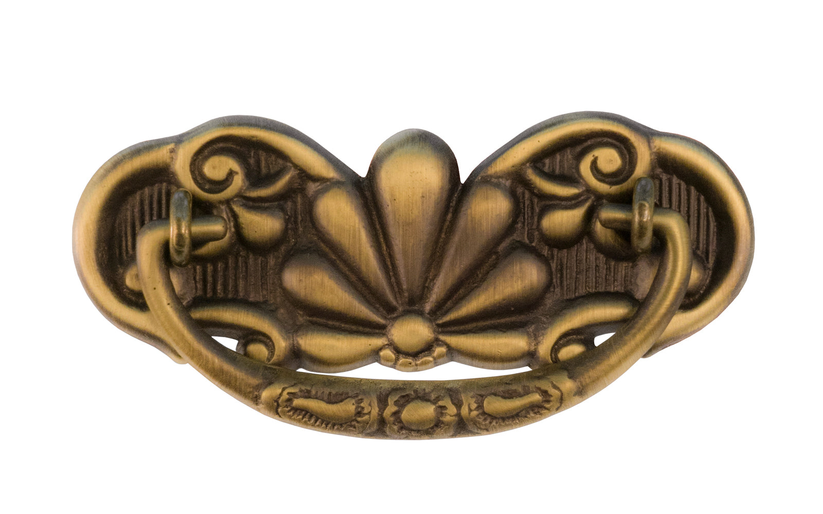 A traditional & ornate 3" on centers drop pull that's great for dressers, drawers, cabinets, tables, desks. Made of quality solid cast brass material, this drop pull is very durable with a nice look. Antique Brass Finish.