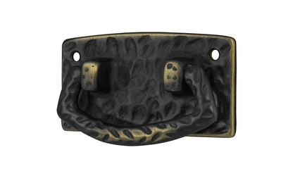 Vintage-style Hardware · Solid Brass Hammered Drop Pull. The pull plate has a hammered surface that gives a rustic & stylish look. Designed in the Mission or Arts & Crafts style, Gustav Stickley style hardware. Antique brass finish trim.
