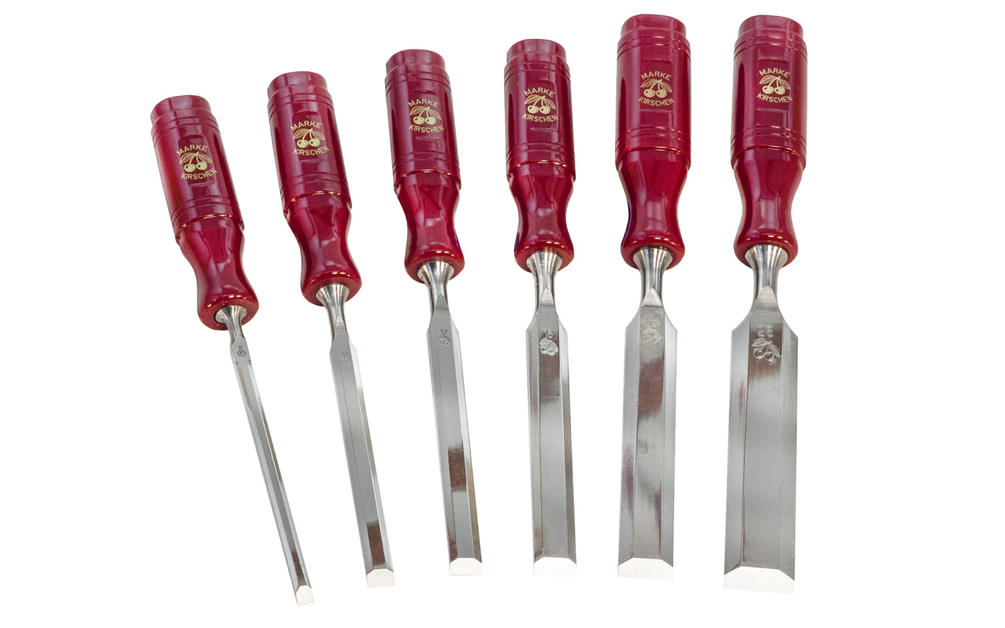 High quality 6-Piece Firmer Chisel Set made by Two Cherries in Germany. Hand forged of quality German steel. 1/4", 3/8", 1/2", 5/8", 3/4", 1" sizes   (6 mm, 10 mm, 12 mm, 16 mm, 20 mm, 26 mm). Bevelled edges with a standard angle of 25°. High impact Cellulose acetate red plastic handles. 6-PC Set. High Carbon Steel