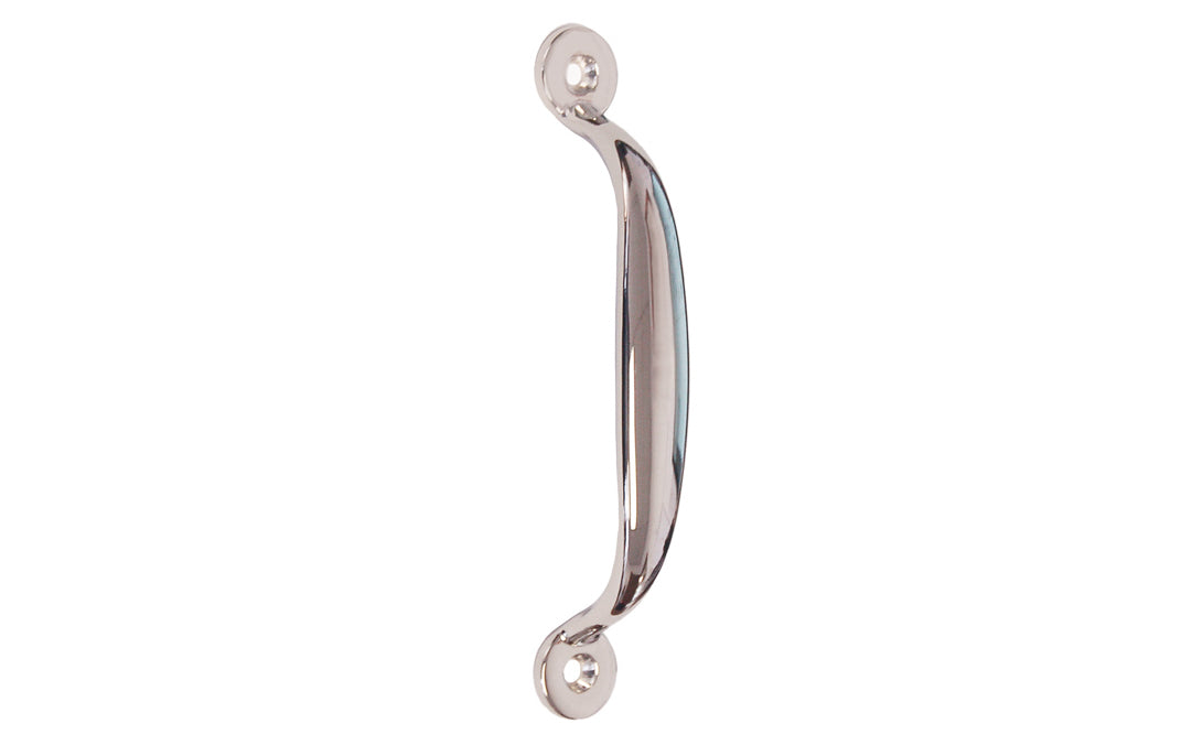 Solid Brass Screen Door Pull ~ 4-1/8" On Centers. Designed for screen doors, but also suitable for cabinets & other doors. High quality solid brass, this handle pull has a durable toughness & thick smooth edges for a comfortable grip. Great for drawers, cabinets, smaller doors, sashes, furniture, & screen doors. Polished Nickel Finish