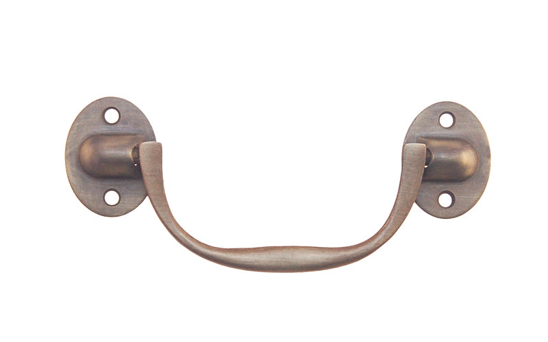 Solid Brass Drop Pull ~ 4-1/2" On Centers. Vintage-style Hardware · Traditional & classic ~ Made of high quality solid brass ~ Antique brass finish ~ 4-1/2" spacing of screw holes ~ Brass rosette backplates ~ Excellent for chests, boxes, desks, cabinets, & furniture
