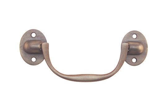 Solid Brass Drop Pull ~ 4-1/2" On Centers. Vintage-style Hardware · Traditional & classic ~ Made of high quality solid brass ~ Antique brass finish ~ 4-1/2" spacing of screw holes ~ Brass rosette backplates ~ Excellent for chests, boxes, desks, cabinets, & furniture