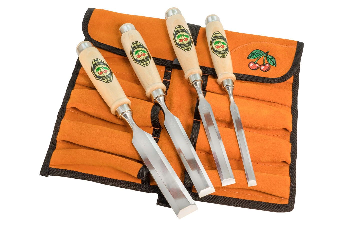 High quality 4-Piece Firmer Chisel Set with Leather Roll Set made by Two Cherries in Germany. Hand forged of quality German steel. 3/8", 5/8", 3/4", 1" sizes (10 mm, 16 mm, 20 mm, 26 mm) sizes. Model No. 1151-LRT. Bevelled edges with a standard angle of 25°. Steel ferrule around handle-end for use with chisel mallets