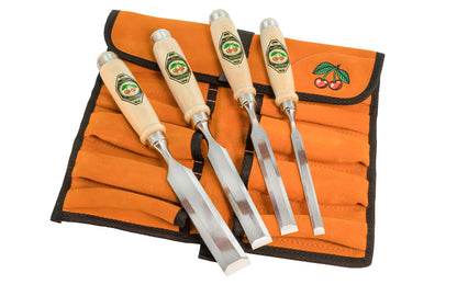 High quality 4-Piece Firmer Chisel Set with Leather Roll Set made by Two Cherries in Germany. Hand forged of quality German steel. 3/8", 5/8", 3/4", 1" sizes (10 mm, 16 mm, 20 mm, 26 mm) sizes. Model No. 1151-LRT. Bevelled edges with a standard angle of 25°. Steel ferrule around handle-end for use with chisel mallets