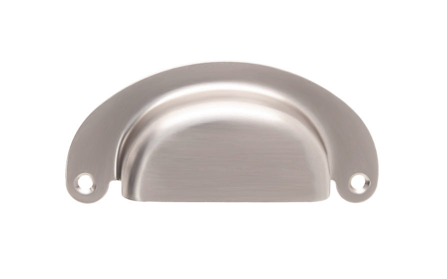 Vintage-style Hardware · Classic Brass Half-Round Bin Pull ~ 3" On Centers. Heavy gauge stamped brass. Brushed nickel finish. 3" center to center. Kitchen cabinet pull. Drawer pull handle. Authentic reproduction bin utility pull. Satin nickel cup bin pull.