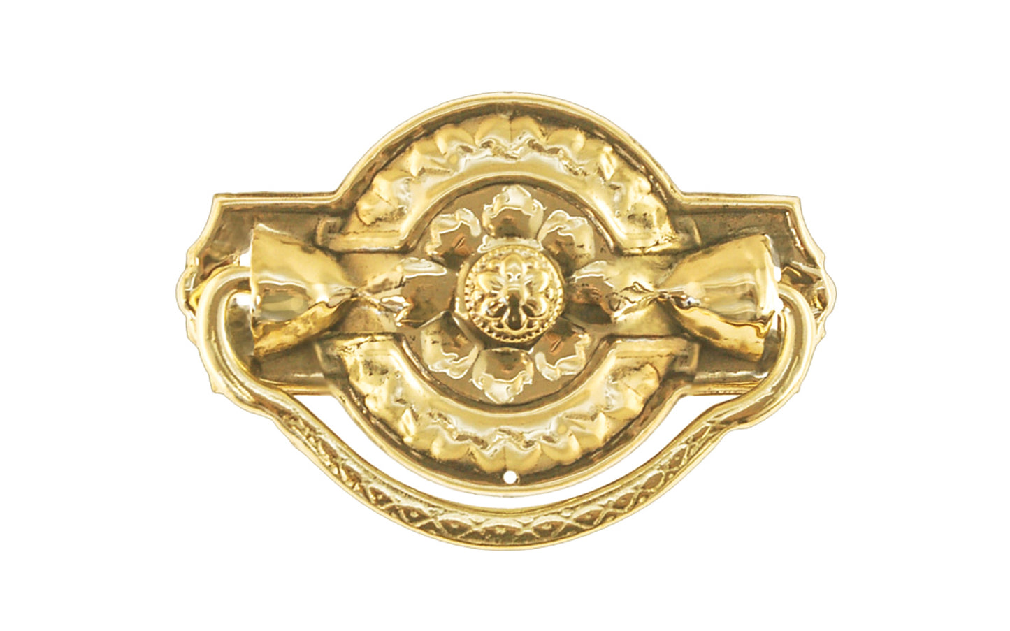 Vintage-style Traditional Hardware · Stamped brass drop pull in the Colonial Revival style. Made of stamped brass material with a nice detailed design of a "flower" at its center. Timeline: Early 20th Century, Colonial Revival, Depression Era, Waterfall style. Unlacquered brass. Non-lacquered brass
