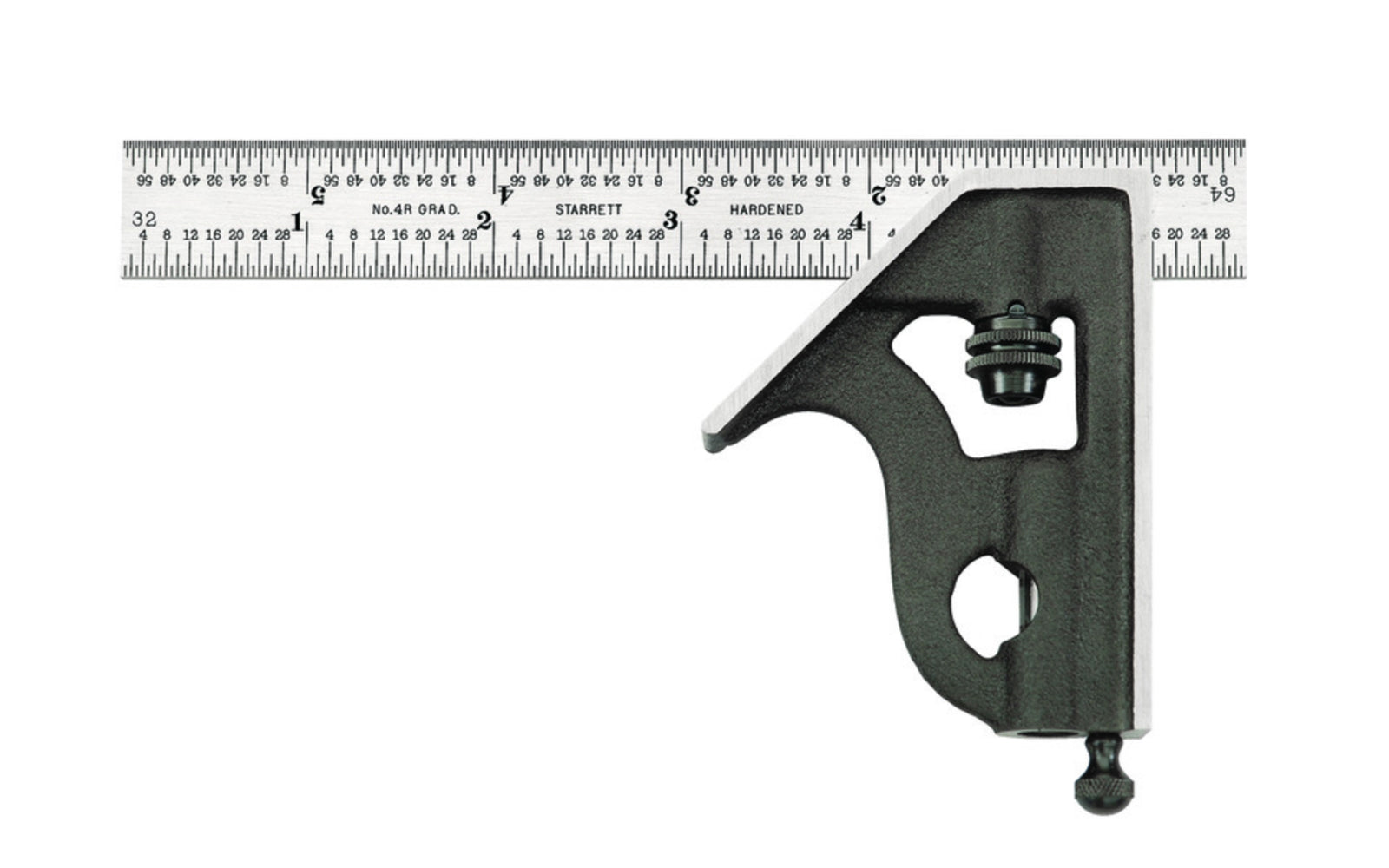 Starrett 6" Combination Square with Square Head features a reversible lock bolt, scriber, spirit level, and hardened steel, photo-engraved blade with regular finish. 4R Graduations. Starrett combo square. 11H-6-4R. EDP 50051. Made in USA. 049659500516