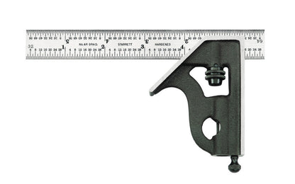 Starrett 6" Combination Square with Square Head features a reversible lock bolt, scriber, spirit level, and hardened steel, photo-engraved blade with regular finish. 4R Graduations. Starrett combo square. 11H-6-4R. EDP 50051. Made in USA. 049659500516