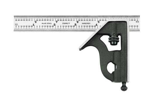 Starrett 6" Combination Square with Square Head features a reversible lock bolt, scriber, spirit level, and hardened steel, photo-engraved blade with regular finish. 4R Graduations. Starrett combo square. 11H-6-4R. EDP 50051. Made in USA. 049659500516