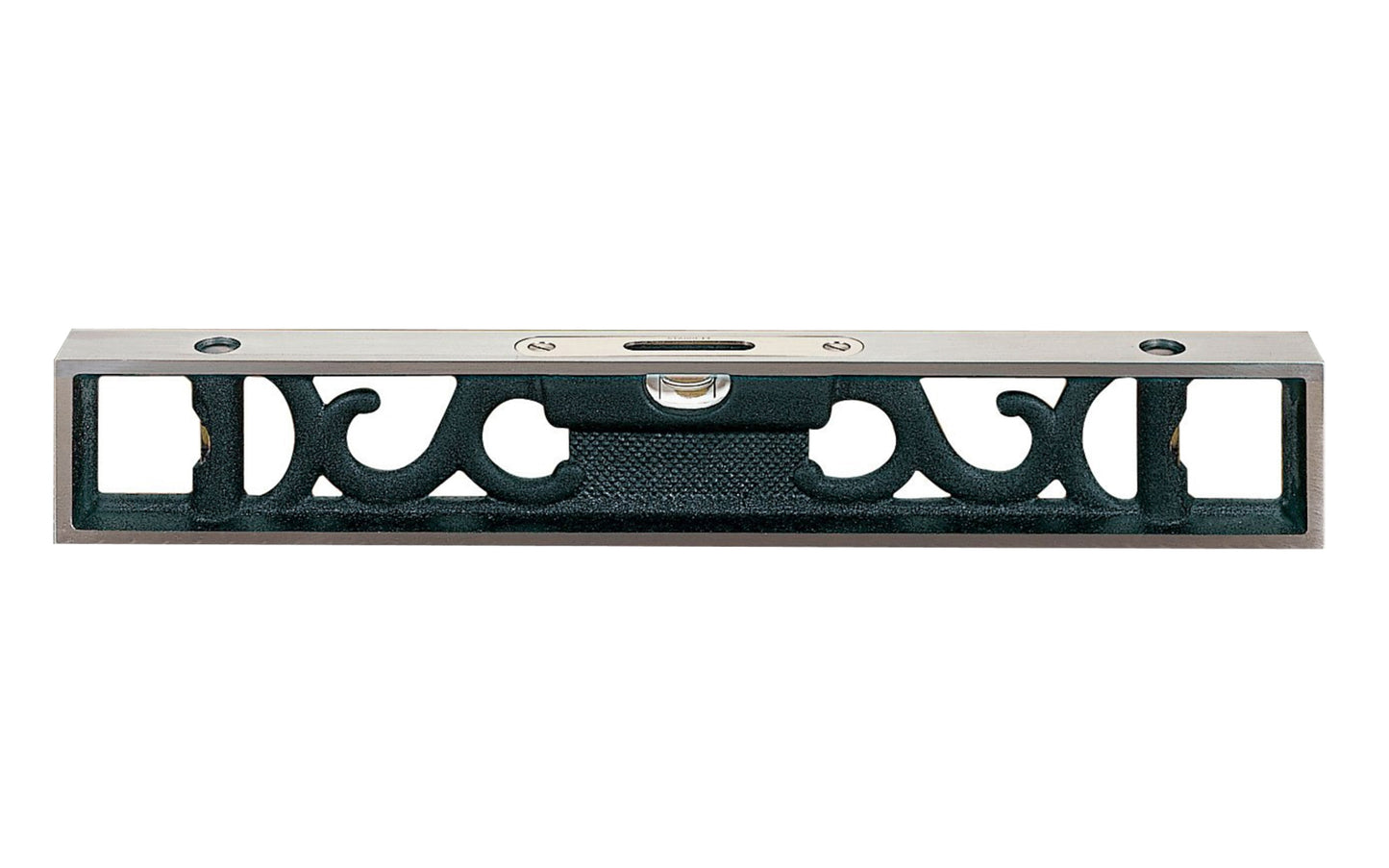 Starrett 132-12 Bench Level. One main vial & double plumb vials. Attractive filigree design of these levels provides a lighter weight, and the curved design evenly dissipates excess heat. The base of the levels features an involute groove running the length of the base, which provides a reliable seat for round work.