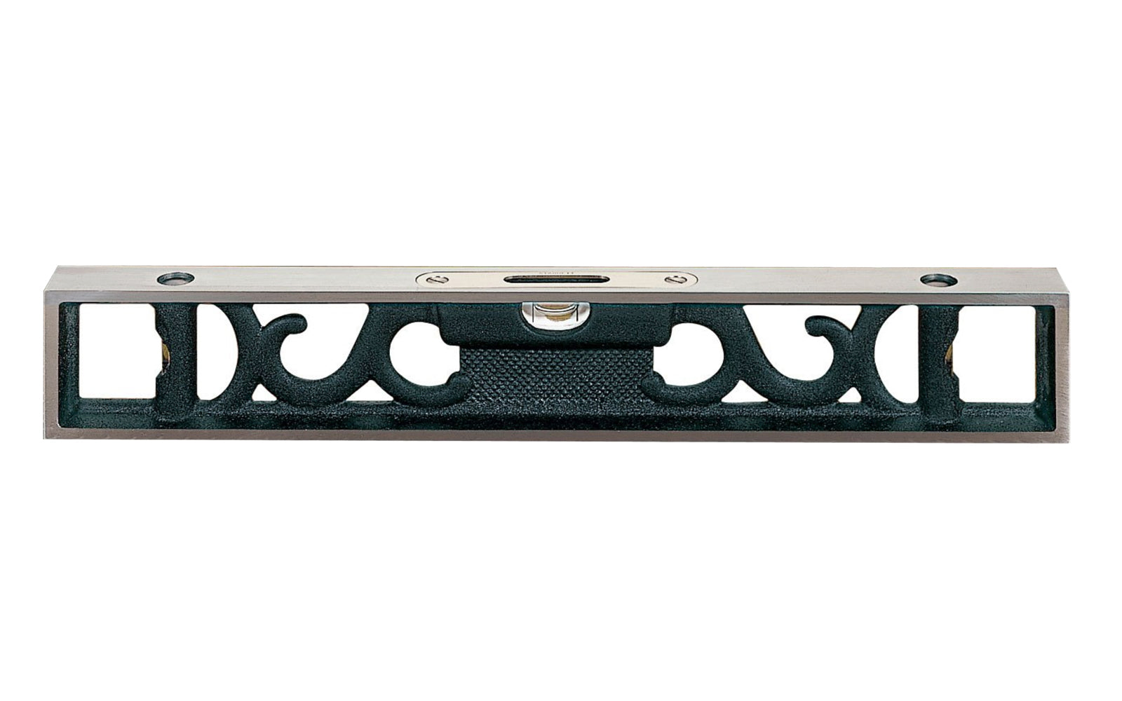 Starrett 132-12 Bench Level. One main vial & double plumb vials. Attractive filigree design of these levels provides a lighter weight, and the curved design evenly dissipates excess heat. The base of the levels features an involute groove running the length of the base, which provides a reliable seat for round work.