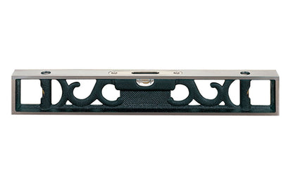 Starrett 132-12 Bench Level. One main vial & double plumb vials. Attractive filigree design of these levels provides a lighter weight, and the curved design evenly dissipates excess heat. The base of the levels features an involute groove running the length of the base, which provides a reliable seat for round work.