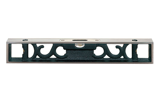 Starrett 132-12 Bench Level. One main vial & double plumb vials. Attractive filigree design of these levels provides a lighter weight, and the curved design evenly dissipates excess heat. The base of the levels features an involute groove running the length of the base, which provides a reliable seat for round work.