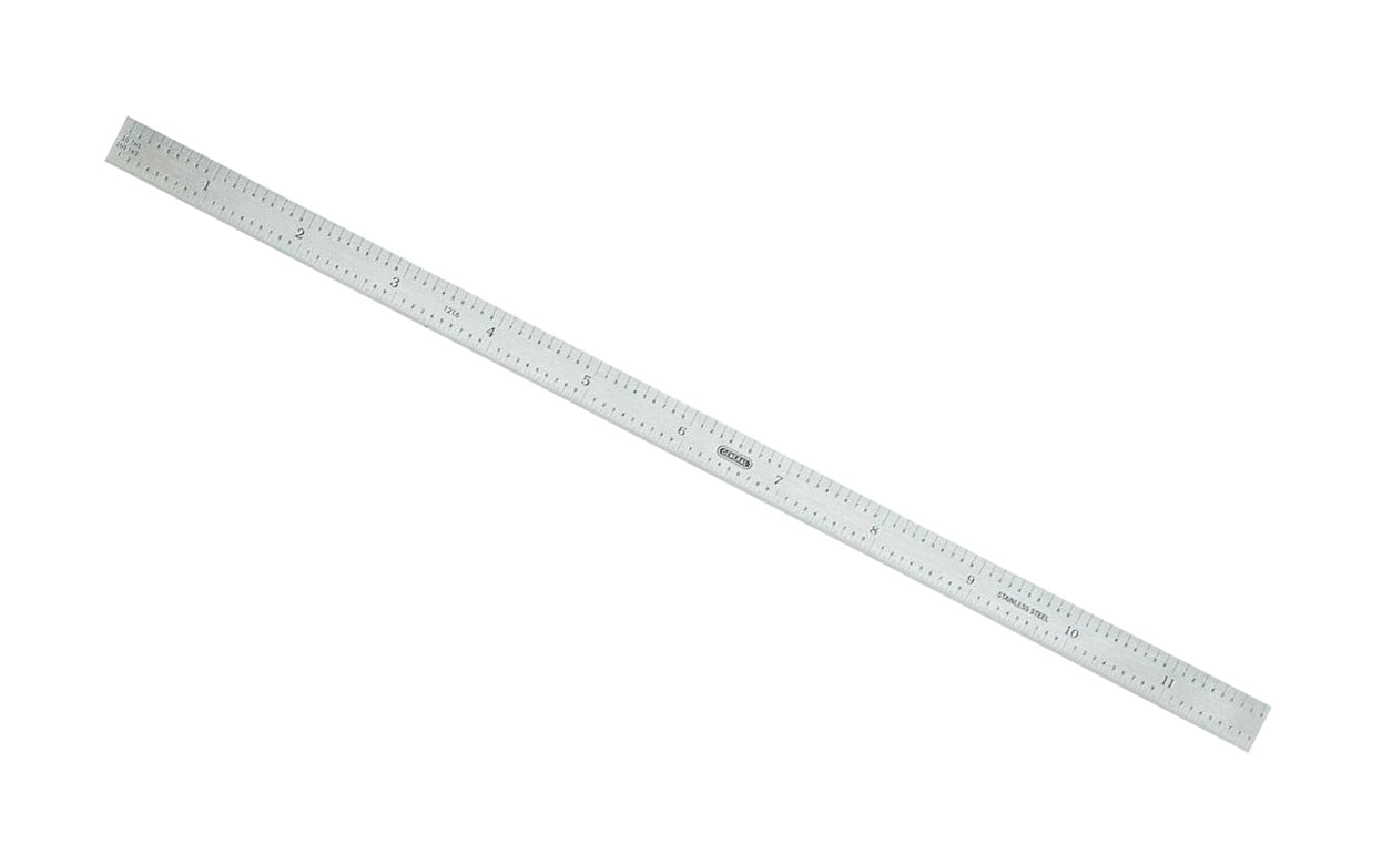 Model No. 1216 ~ Flexible rule - Made of stainless steel ~ 12" overall length ~ Readings in 10ths, 100ths, 32nds, 64ths ~ Flexible rule - Made of stainless steel ~ Precision Made ~ 1/2" Wide - General Tools - Pocket Rule  - Machinist Rule. 038728321749