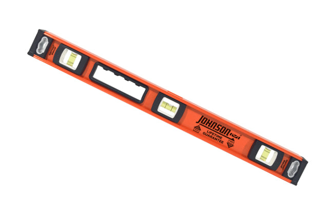 Johnson Level 24" Heavy Duty I-Beam Aluminum Level. Model No. 1253-2400. Heavy duty aluminum reinforced frame. Oversized 1/2" diameter vials are easy-read. Removable end caps designed for finish carpentry work when measuring into corners. Ergonomic cushioned hand grips. Top-read window for easy viewing. 049448125326