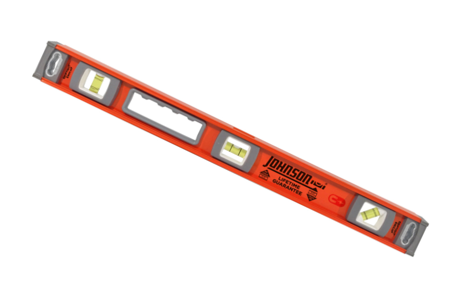 Johnson Level 24" Magnetic Heavy Duty I-Beam Aluminum Level. Model No. 1254-2400. Magnetic working edge allows for hands-free use on ferrous metal. Oversized 1/2" diameter vials are easy-read. Removable end caps designed for finish carpentry work when measuring into corners. Magnetic Heavy duty aluminum reinforced frame ~ 049448125425