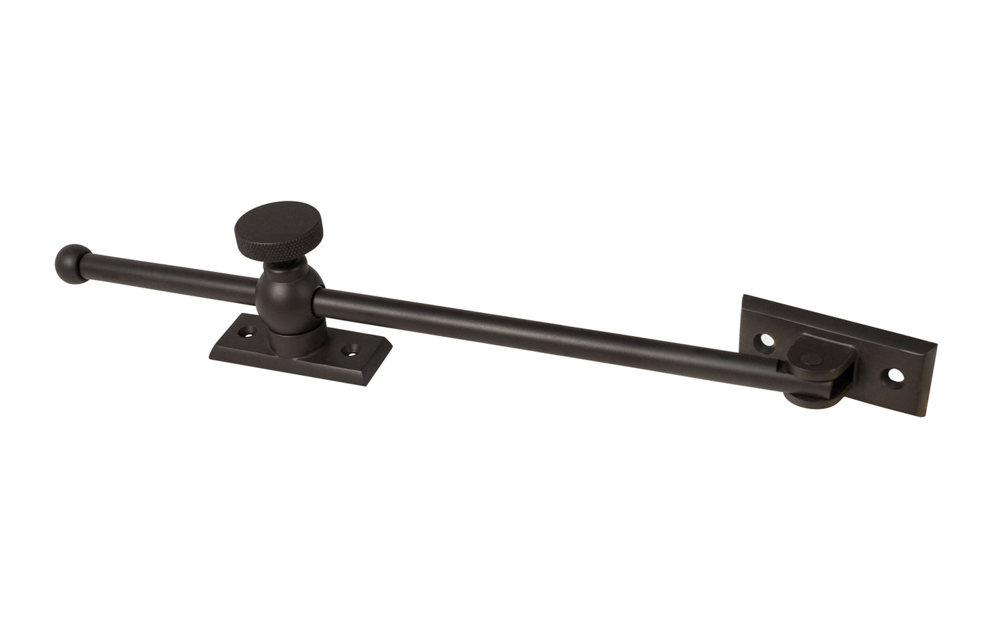 Vintage-style Classic & Premium Solid Brass Casement Adjuster Stay ~ 12" Length. For securing outswing casement windows. It has a durable pivot turn with a knurled knob for smooth & secure operation. Oil Rubbed Bronze Finish