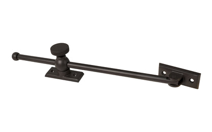 Vintage-style Classic & Premium Solid Brass Casement Adjuster Stay ~ 12" Length. For securing outswing casement windows. It has a durable pivot turn with a knurled knob for smooth & secure operation. Oil Rubbed Bronze Finish