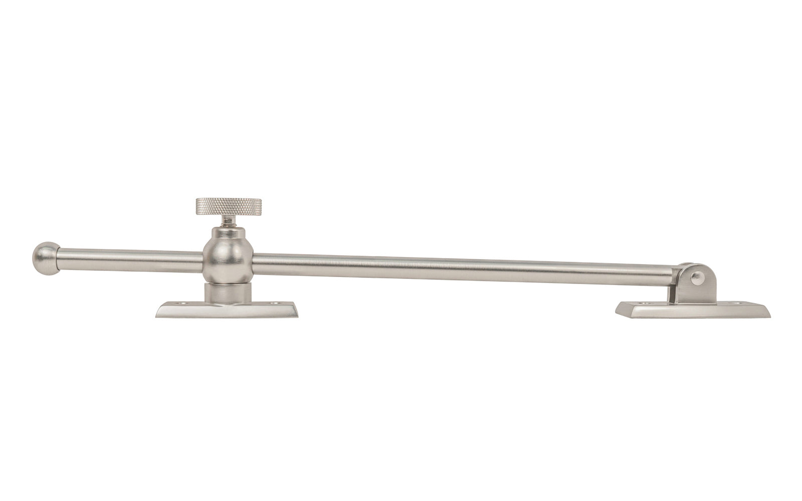 Vintage-style Classic & Premium Solid Brass Casement Adjuster Stay ~ 12" Length. For securing outswing casement windows. It has a durable pivot turn with a knurled knob for smooth & secure operation. Brushed Nickel Finish