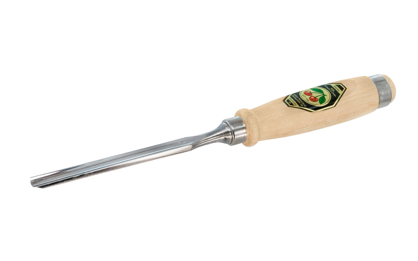 Model 1431-12MM. A 12 mm Firmer Gouge made by Two Cherries in Germany. It has an curve in the length of the blade with the cutting bevel on the outside, known as an out-cannel gouge, for use in working concave hollows. Two Cherries Series 1431. Steel Ferrule. High carbon steel, Tempered to Rc61 Rockwell. Made in Germany