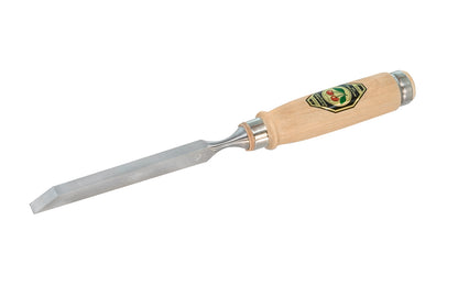 12 mm Mortise Chisel made by Two Cherries in Germany. This chisel has a stiff thick blade for clearing out wood waste & wide side edges that help keep the chisel square when working in the mortise. Chisel has a leather disc shock absorber. Two Cherries Series 1301. Model 1301-12MM. High carbon steel. Made in Germany.