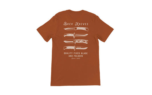 Buck Knives Copper / Rust Orange Color T-Shirt. 100% ring spun cotton. Front side has Buck Knife with "Buck Knives" text in the upper corner & the back of the t shirt has four classic blades shown.