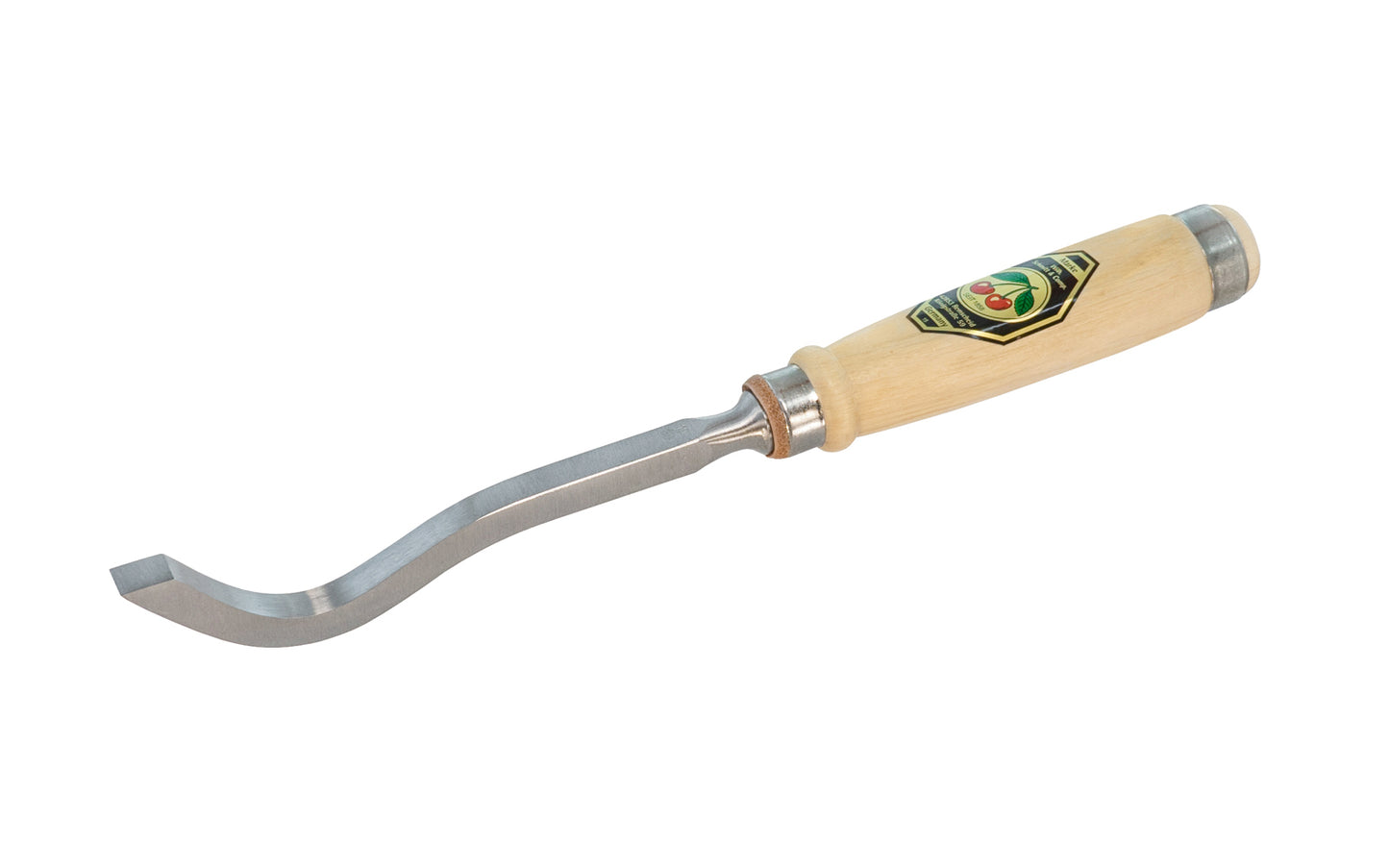 Model 1351-10MM - 10 mm Swan Neck Mortise Chisel made by Two Cherries in Germany. Use in conjunction with mortise chisels for cleaning the bottom of mortises, or other deep blind recesses. The curved blade helps to lever out waste. Also referred to as a lock mortise chisel. Two Cherries Series 1351.  Made in Germany.