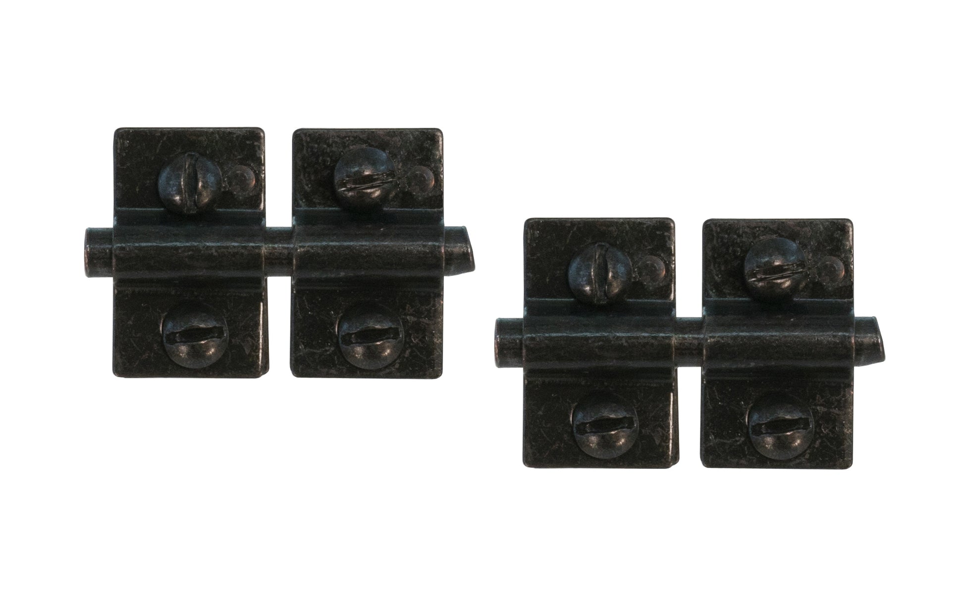 These Friction Hinges for Mirrors are traditional mirror mounting friction hinges for dressers with mirrors. Friction is adjusted by tightening the screws on the brackets. Sold in pairs. Each bracket is 3/4″ x 1-1/4″, pin is 2" long. Made of steel material with a plated finish. Friction hinges for dresser mirrors. Pair. Flat Black Finish