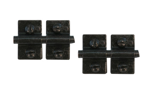 These Friction Hinges for Mirrors are traditional mirror mounting friction hinges for dressers with mirrors. Friction is adjusted by tightening the screws on the brackets. Sold in pairs. Each bracket is 3/4″ x 1-1/4″, pin is 2" long. Made of steel material with a plated finish. Friction hinges for dresser mirrors. Pair. Flat Black Finish