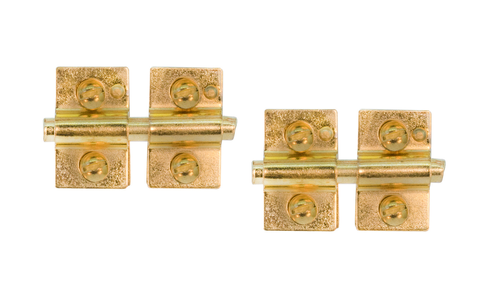 These Friction Hinges for Mirrors are traditional mirror mounting friction hinges for dressers with mirrors. Friction is adjusted by tightening the screws on the brackets. Sold in pairs. Each bracket is 3/4″ x 1-1/4″, pin is 2" long. Made of steel material with a plated finish. Friction hinges for dresser mirrors. Pair. Brass finish on steel