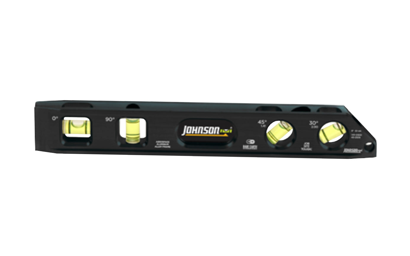This Johnson 9" magnetic billet torpedo level accurately measures 0°, 30°, 45° & 90°. It features a solid billet aluminum frame for durability while its Powerful V-groove rare earth magnets hold to flat or round ferrous metal surfaces. This level also includes machined vial openings for an accurate reading every time. Johnson Model 1411-0900 ~ 049448411092