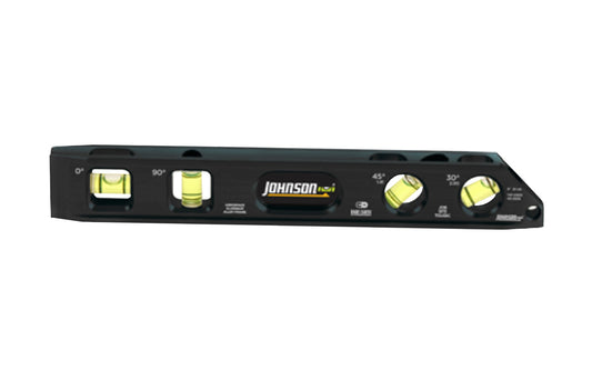 This Johnson 9" magnetic billet torpedo level accurately measures 0°, 30°, 45° & 90°. It features a solid billet aluminum frame for durability while its Powerful V-groove rare earth magnets hold to flat or round ferrous metal surfaces. This level also includes machined vial openings for an accurate reading every time. Johnson Model 1411-0900 ~ 049448411092