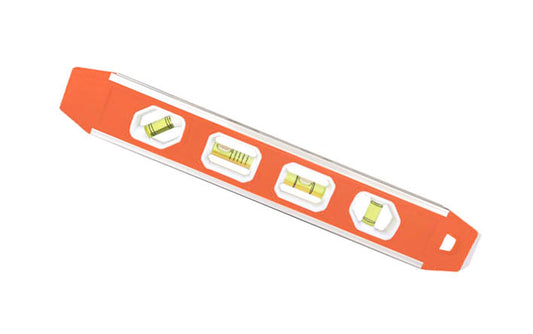 Johnson Level 12" Magnetic Torpedo Level. Model No. 1421-1200. Top-read window for easy viewing. V-groove frame fits on pipe & conduit. 4 read plumb, level, 45° & "Multi-Pitch". 049448142118. 12" long level. Durable solid aluminum frame. "Multi-Pitch" vial read slope in 1/8" increments. Top-read window for easy viewing