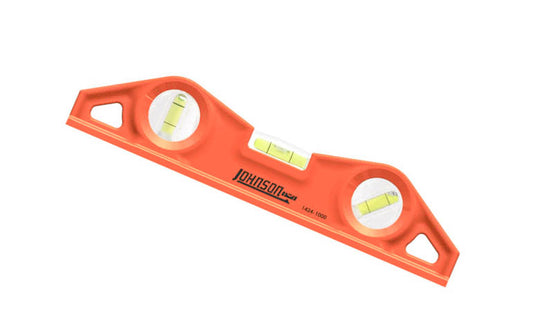 Johnson's magnetic welder's torpedo level makes it easy to measure plumb, level & 45° as you weld. It's solid aluminum frame dissipates heat quickly, & its acrylic block vials withstand abuse. Model No. 1424-1000. Strong rare-earth magnets on level. V-groove frame fits on pipe & conduit. 049448142415. 10" long level