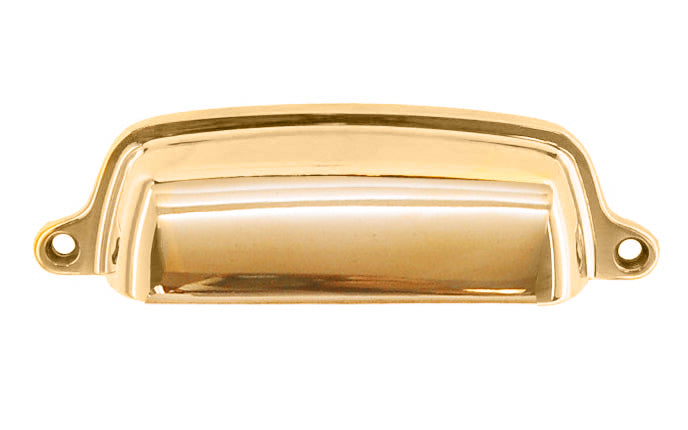Vintage-style Hardware · Traditional & Classic Solid Brass Bin Pull. 4" On Centers. Made of high quality solid brass. 4" spacing of screw holes. Thick & smooth edges for a comfortable grip. Unlacquered brass hardware. Non-Lacquered Brass (will patina naturally over time)