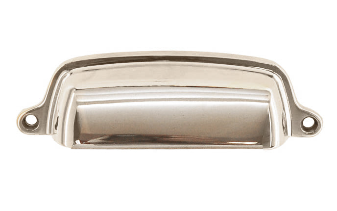 Vintage-style Hardware · Traditional & Classic Solid Brass Bin Pull. 4" On Centers. Made of high quality solid brass. 4" spacing of screw holes. Thick & smooth edges for a comfortable grip.  Polished Nickel Finish