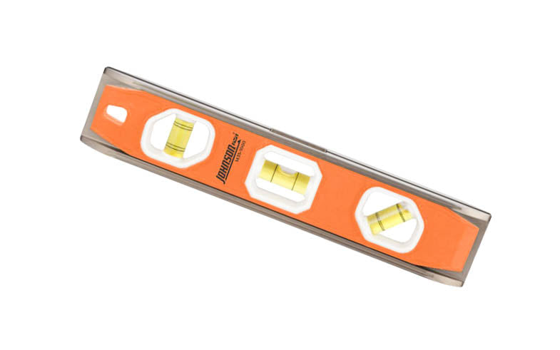 Johnson Level 10" Magnetic Torpedo Level. Model No. 1435-0900. Strong rare-earth magnets on level. Top-read window for easy viewing. V-groove frame fits on pipe & conduit. 3 vials read plumb, level & 45°. 049448143511. 9" long level. Durable solid aluminum frame. Vials made in USA.