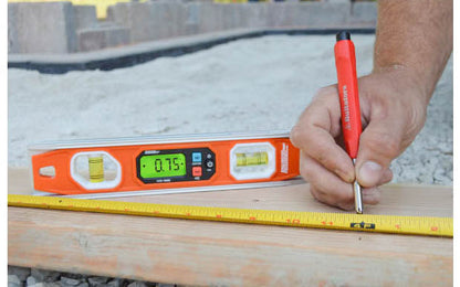 Johnson Level 10" Digital Programmable Torpedo Level. Model No. 1435-1000D. Strong rare-earth magnets on level. Backlit LCD display for easy viewing. 049448100033. 10" long level. Durable solid aluminum frame. V-groove top-edge. Preprogrammed 22.5° & 45° modes simplify miter cuts, conduit bends & more. Water resistant